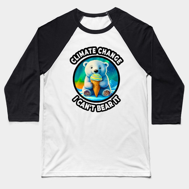 ❄️ Cute Polar Bear Cub on Ice, Licking an Ice Cream Cone Baseball T-Shirt by Pixoplanet